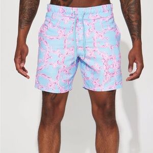 Pink and Blue Patterned Swim Trunks